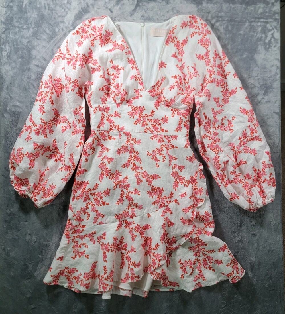 Keepsake XS Linen Faux Wrap Ruffle Balloon Sleeve Mini Dress White Red